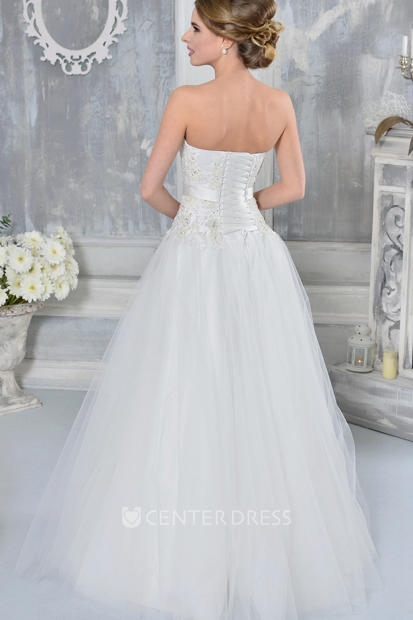 A-Line Sleeveless Strapless Floor-Length Beaded Tulle Wedding Dress With Bow