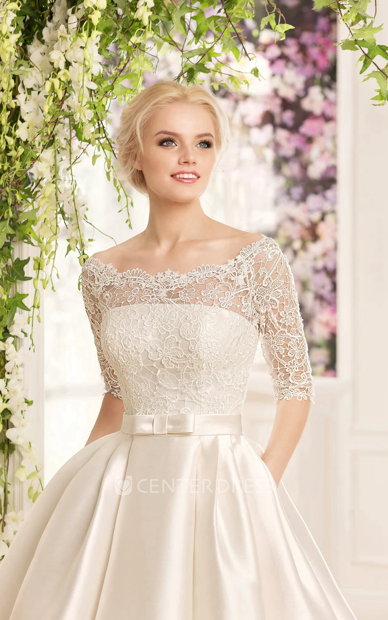 Ball Gown Long Bateau Half-Sleeve Illusion Satin Dress With Lace