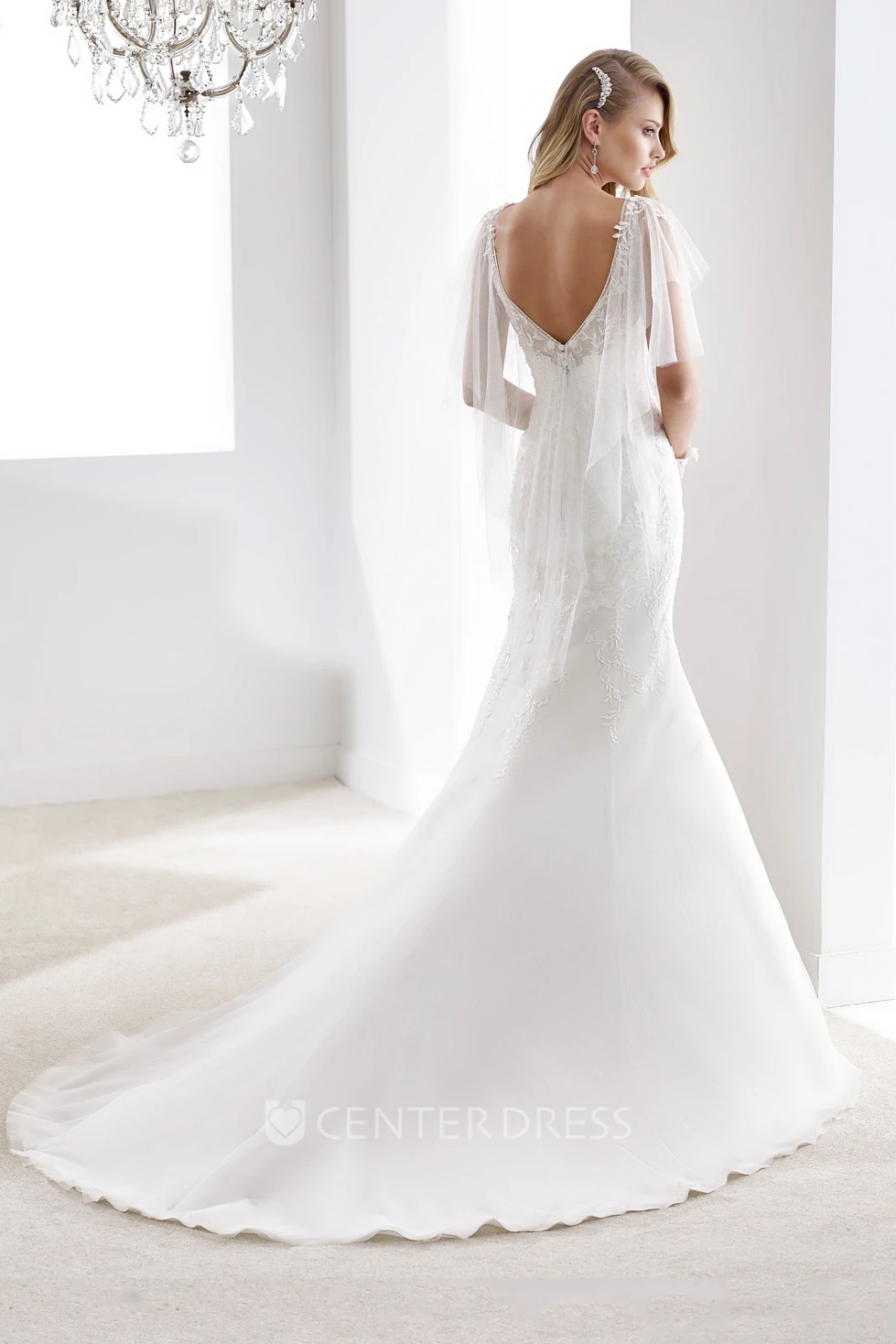 V-Neck Cape-Sleeve Sheath Mermaid Bridal Gown With Open Back