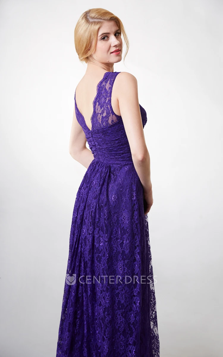 Country Style V-neck Long Lace Bridesmaid Dress