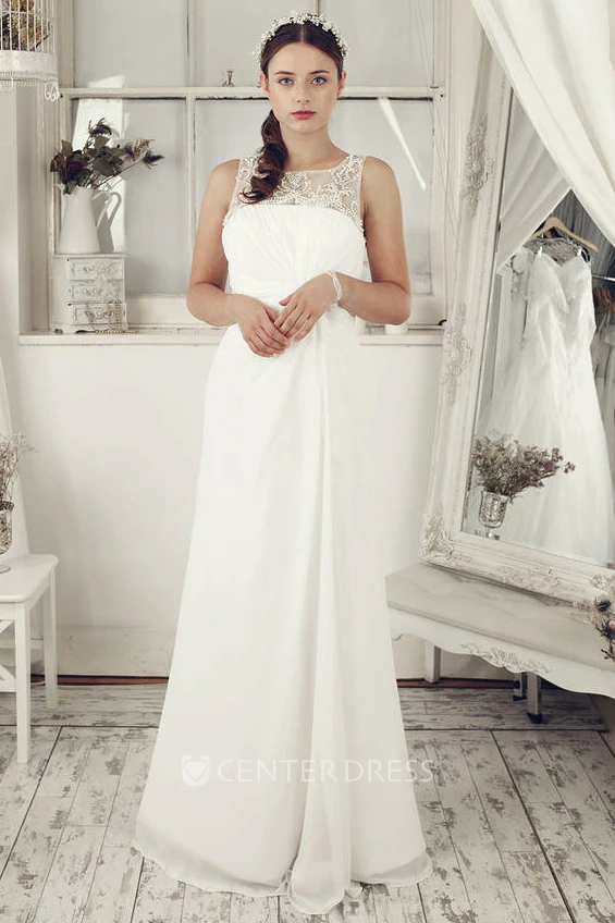 Sheath Empire Sleeveless Beaded Bateau Long Chiffon Wedding Dress With Illusion Back