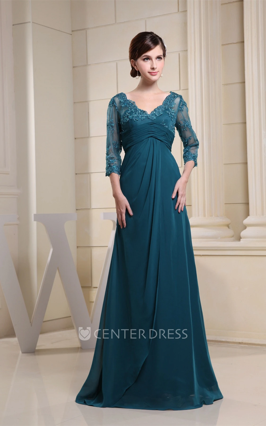 V-Neck Empire Floor-Length Dress with Appliques and Illusion Sleeve