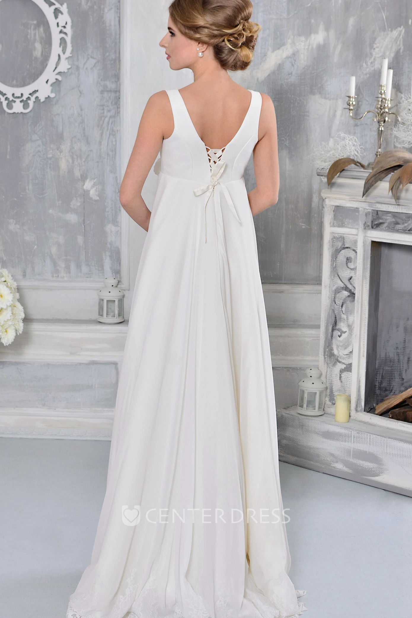 Lace Floor-Length Sleeveless Cowl-Neck Empire Chiffon Wedding Dress