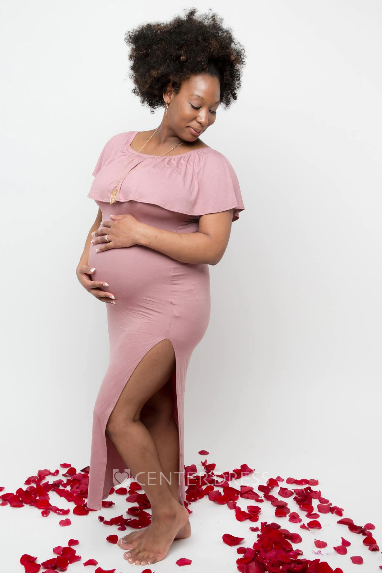 Sheath Jersey Bateau Short Sleeve Split Front Maternity Dress