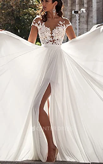 Romantic A-Line Jersey Wedding Dress with V-Neckline and Illusion Sleeves Beach Wedding Dress