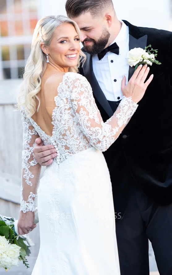 Casual Boho Delicate Lace Illusion Long Sleeve V-Neck Satin Elegant Country Wedding Dress