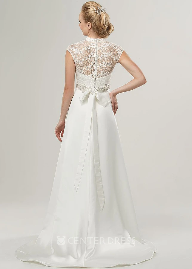 A-Line Jeweled High-Neck Cap-Sleeve Floor-Length Satin&Lace Wedding Dress With Bow