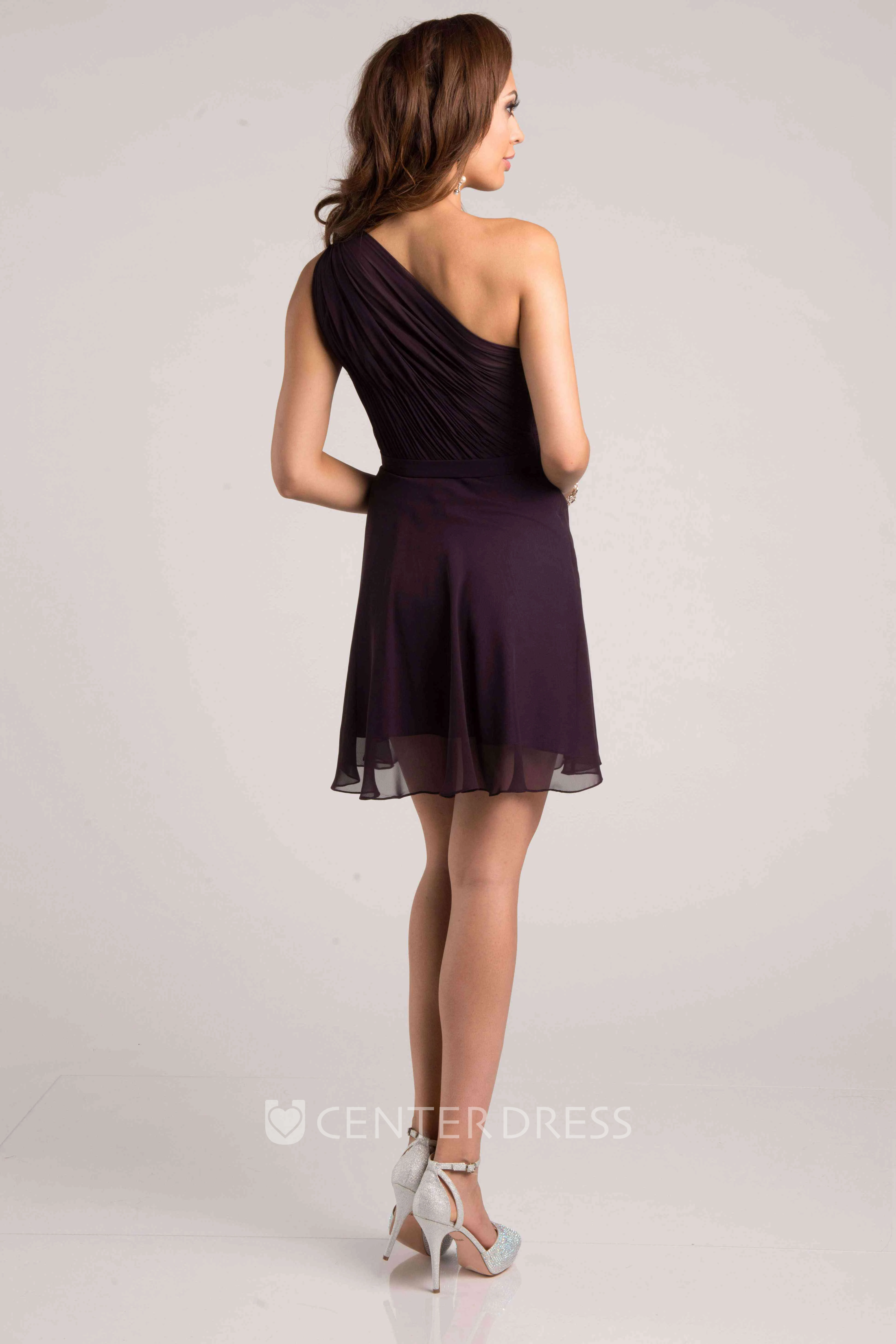 One-Shoulder Short A-Line Chiffon Bridesmaid Dress With Ruched Bodice And Ribbon