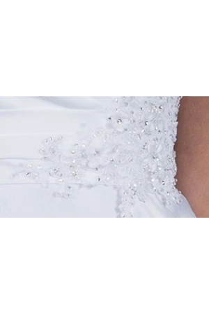 V Neck Satin Bridal Ball Gown With Appliqued Straps And Waist