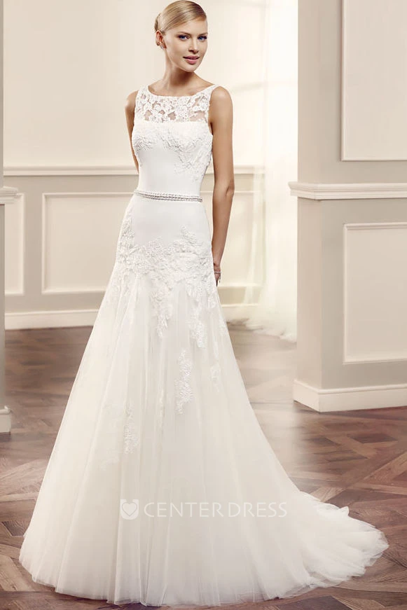 A-Line Bateau Sleeveless Appliqued Maxi Tulle Wedding Dress With Illusion Back And Waist Jewellery