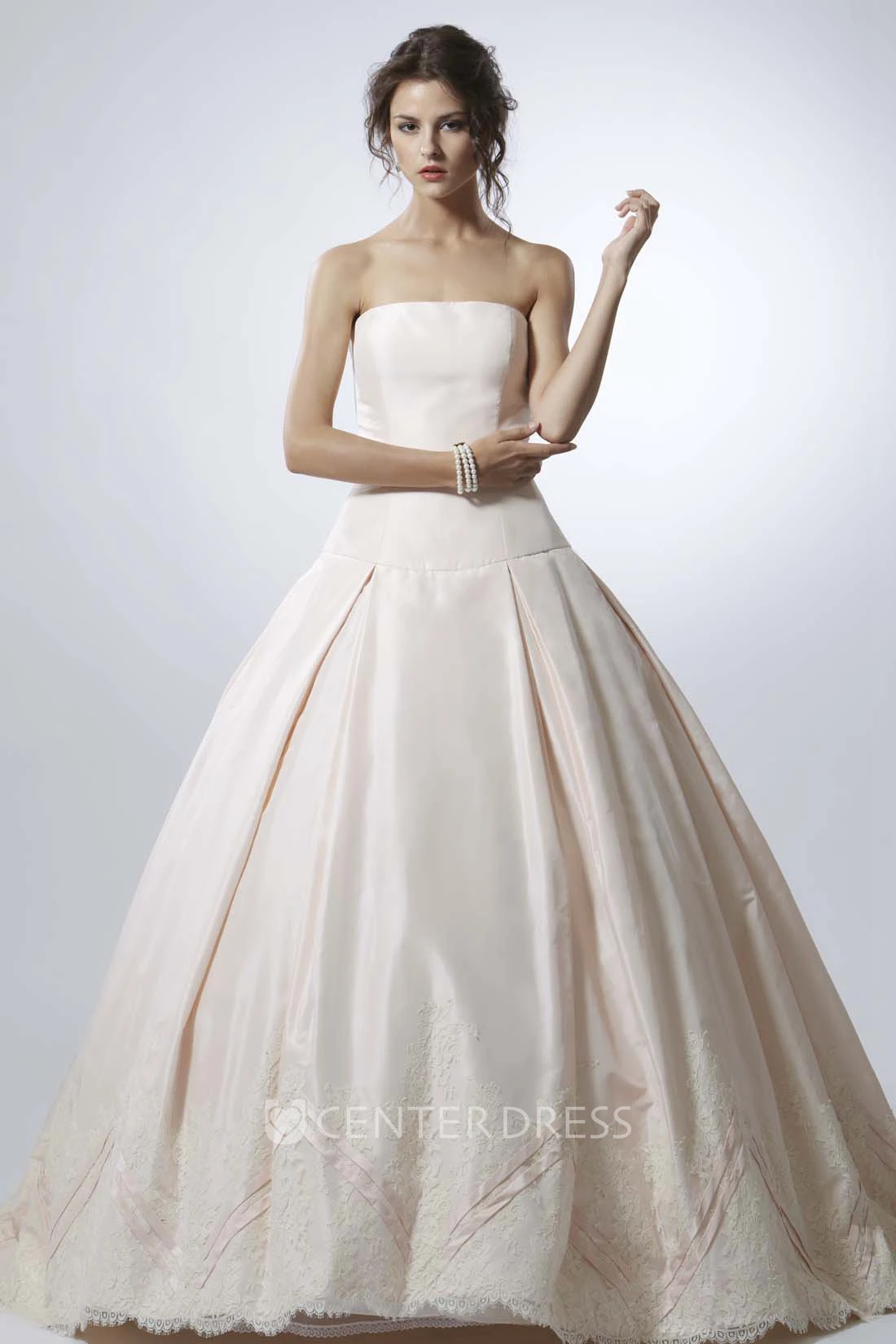 Strapless Maxi Jeweled Bowed Satin Wedding Dress With Appliques