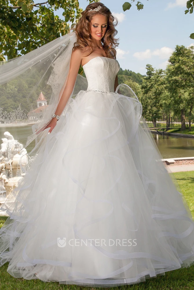 Long Strapless Appliqued Draped Tulle Wedding Dress