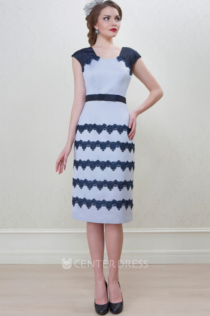 Knee-Length Pencil Square Neck Cap Sleeve Appliqued Satin Mother Of The Bride Dress