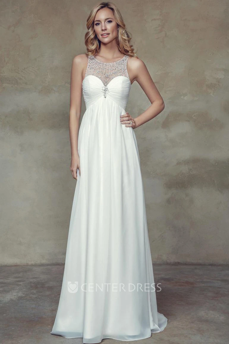 Empire Ruched Sleeveless Scoop Neck Chiffon Wedding Dress