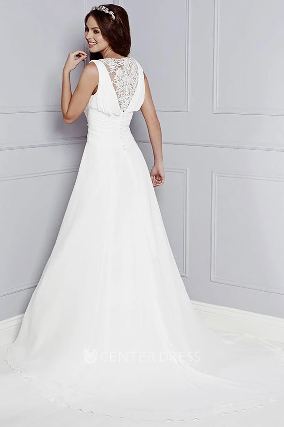A-Line Long Sleeveless V-Neck Jeweled Chiffon Wedding Dress With Ruching And Appliques