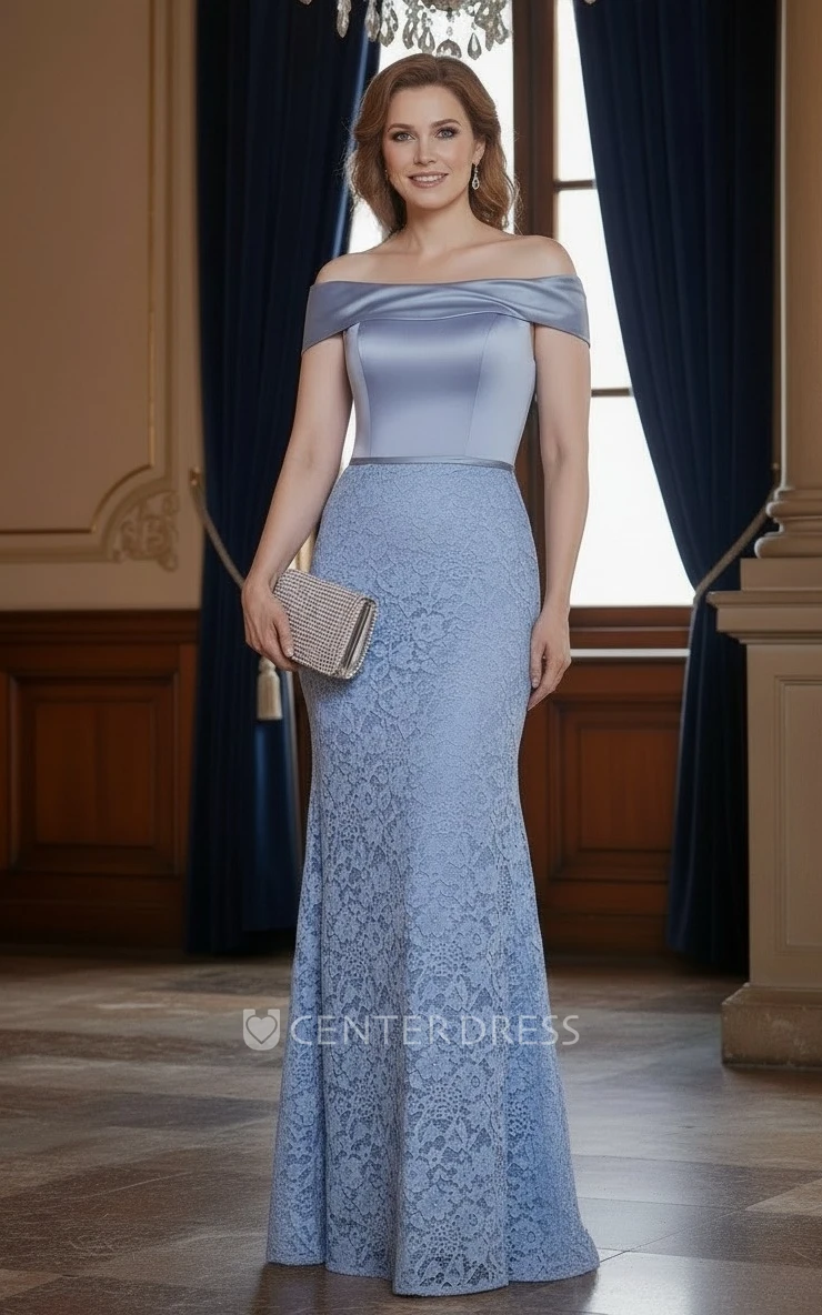 Modest Bohemian Mermaid Lace Off-the-Shoulder Mother of the Bride Dress with Floor Length and Zipper Back