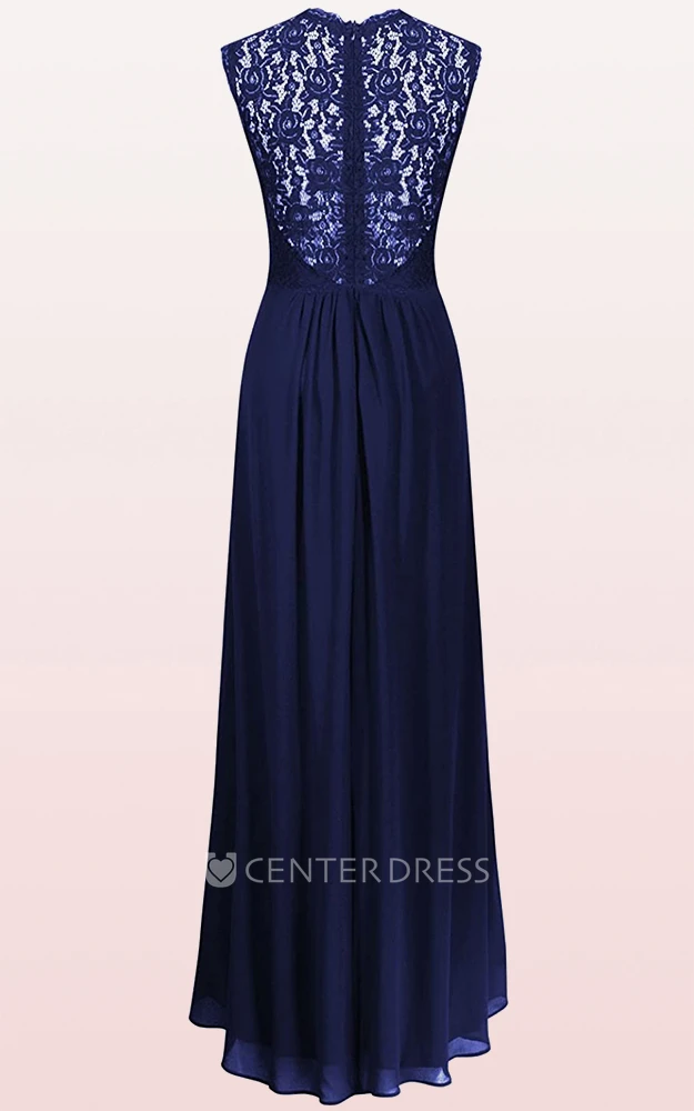 Romantic Sleeveless Lace Chiffon Scalloped A Line Evening Dress With Ruffles