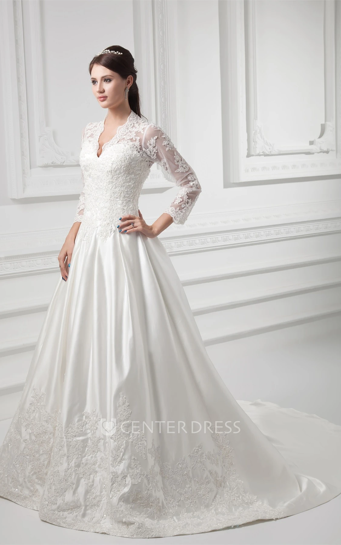 scalloped-neck plunged ball lace gown with illusion long sleeves