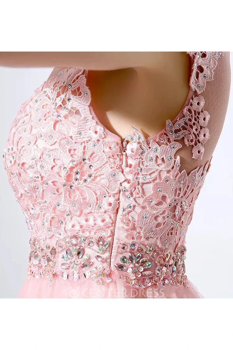 A-line Bateau Short Sleeve Beading Pleats Short Mini Lace Tulle Homecoming Dress