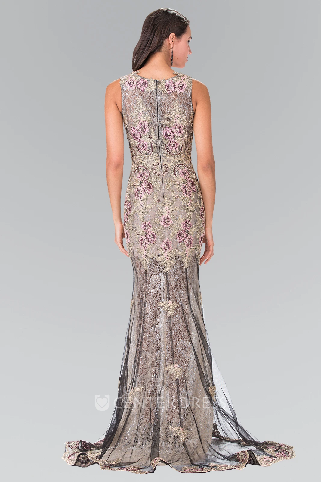Sheath Long Scoop-Neck Sleeveless Lace Zipper Dress With Appliques