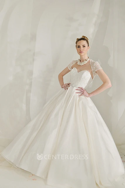 A-Line Sweetheart Beaded Maxi Cap-Sleeve Satin Wedding Dress With Illusion Back