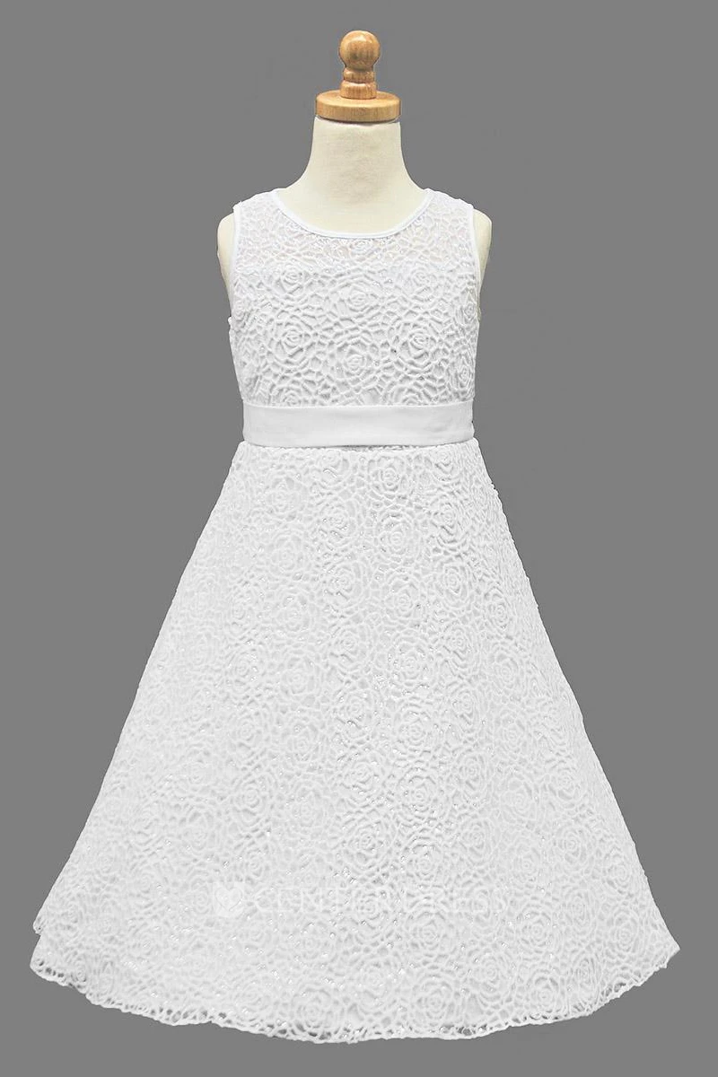 Embroideried Tea-Length Tiered Lace&Satin Flower Girl Dress