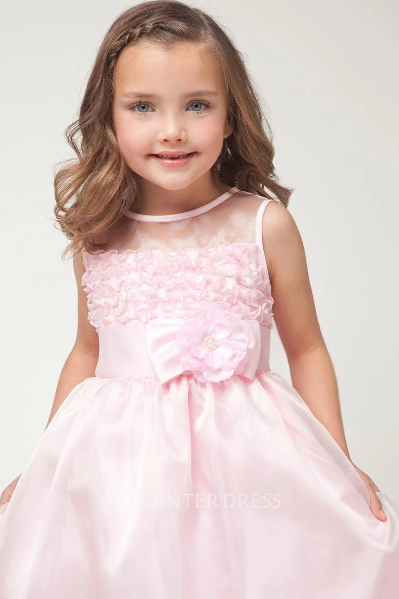 Tea-Length Sleeveless Bowed Organza&Satin Flower Girl Dress