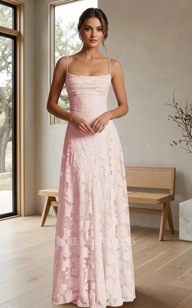 Sheath Jacquard Bridesmaid Dress Spaghetti Strap Square Neck Backless Lace Up Pink Gown Elegant Flowing