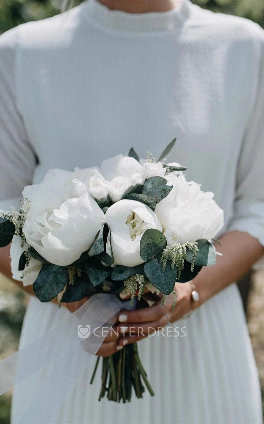 Casual A Line Tulle High Neck Tea-length Wedding Dress with Pleats