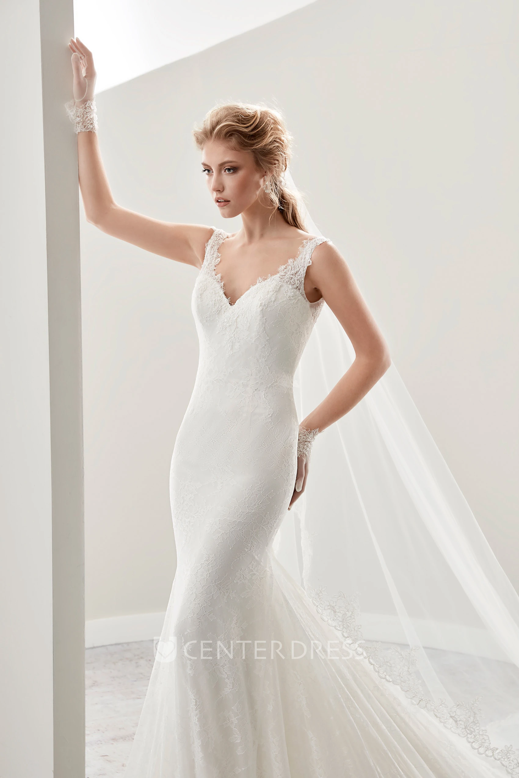 V-neck Cap sleeve Sheath Wedding Gown with Open Back and Illusive Lace Straps