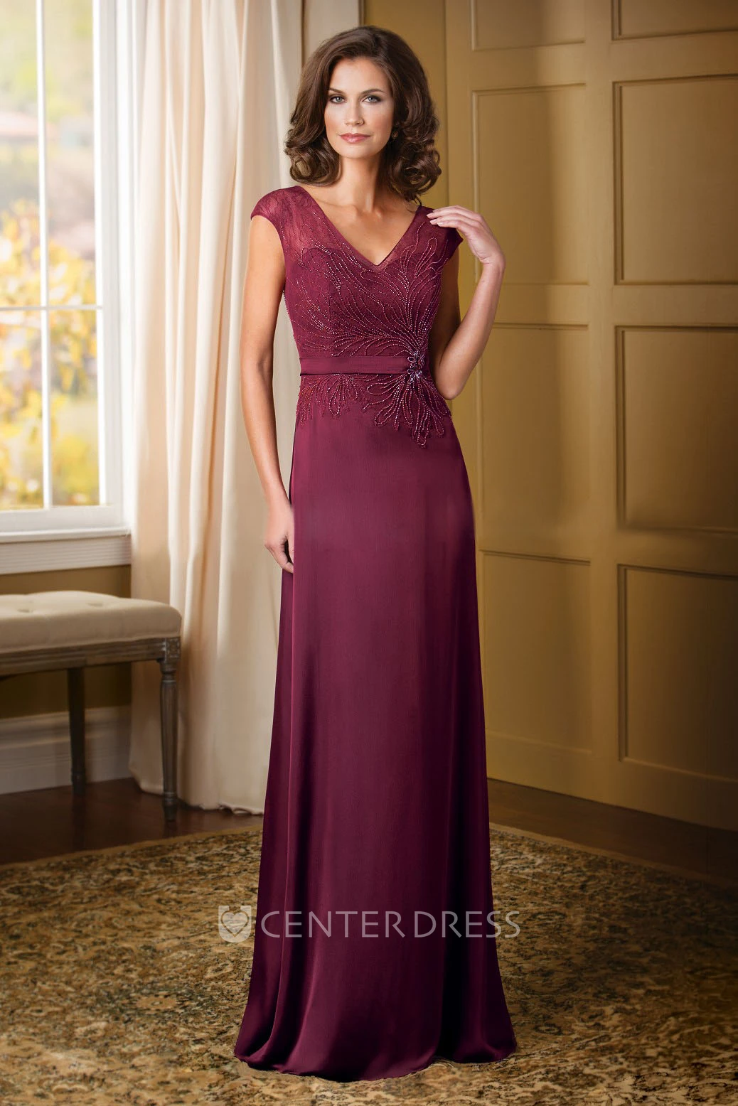 Cap-Sleeved V-Neck Mother Of The Bride Dress With Beadings And Lace Detail