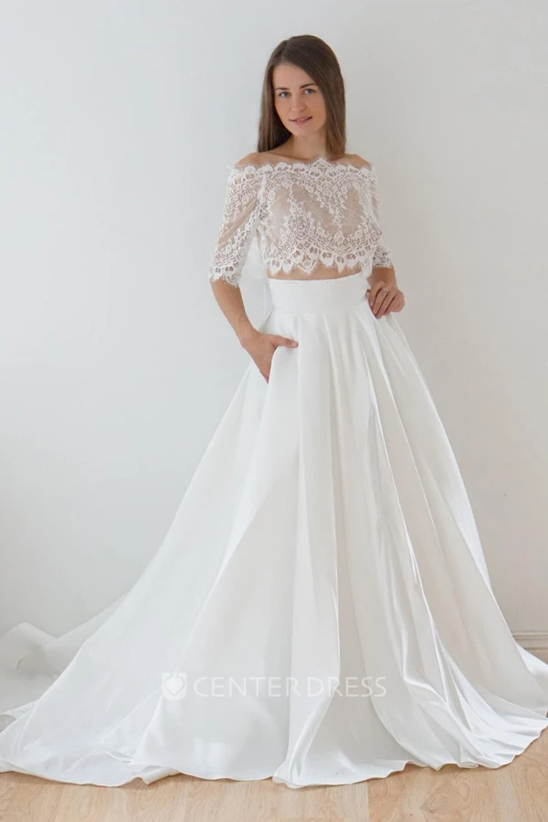 Off-The-Shoulder Lace A-Line Satin Two-Piece Spring Wedding Dress With Sweep Train