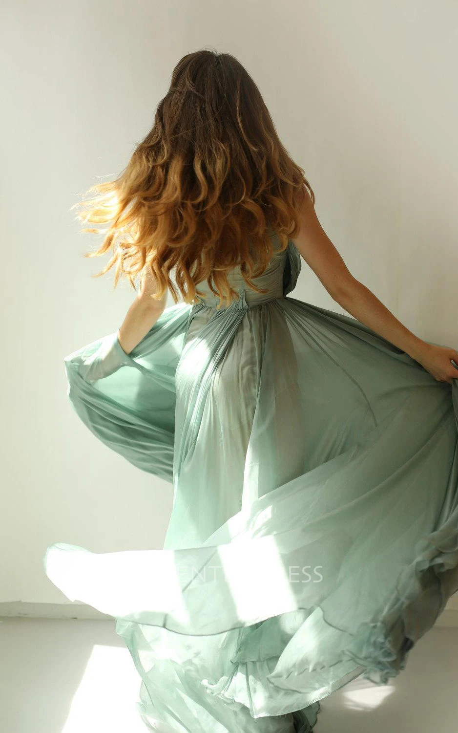 Colleen Long Muted Turquoise Green Chiffon Dress