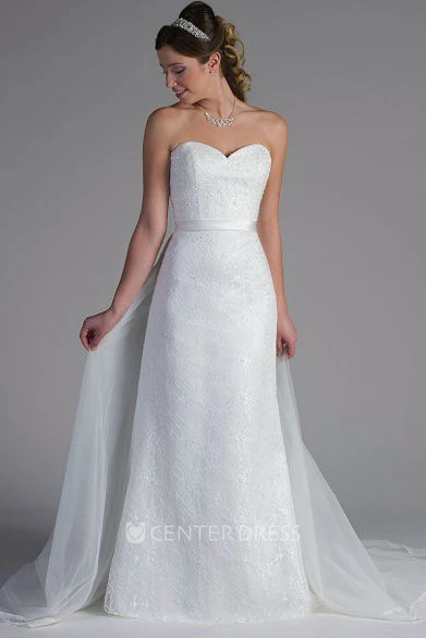 Sweetheart Lace Bridal Gown With Tulle Skirt And Satin Sash