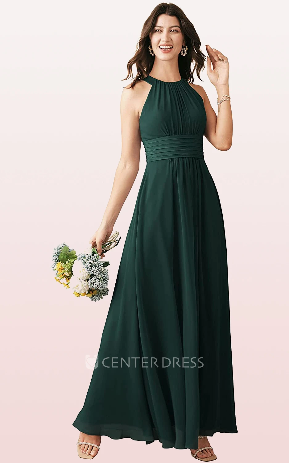 Elegant Chiffon Ankle-length Halter A Line Sleeveless Bridesmaid Dress With Ruching