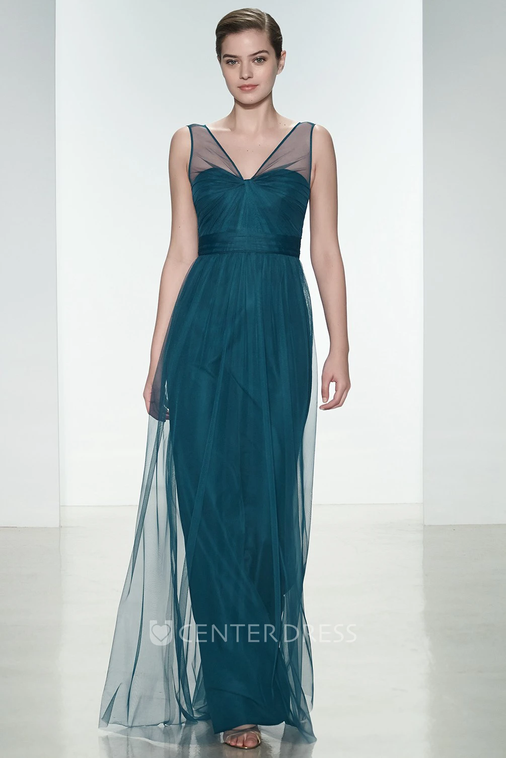 Sheath V-Neck Long-Sleeveless Tulle Bridesmaid Dress With Pleats