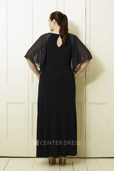 Bat-Sleeve Scoop-Neck Ankle-Length Chiffon Plus Size Prom Dress