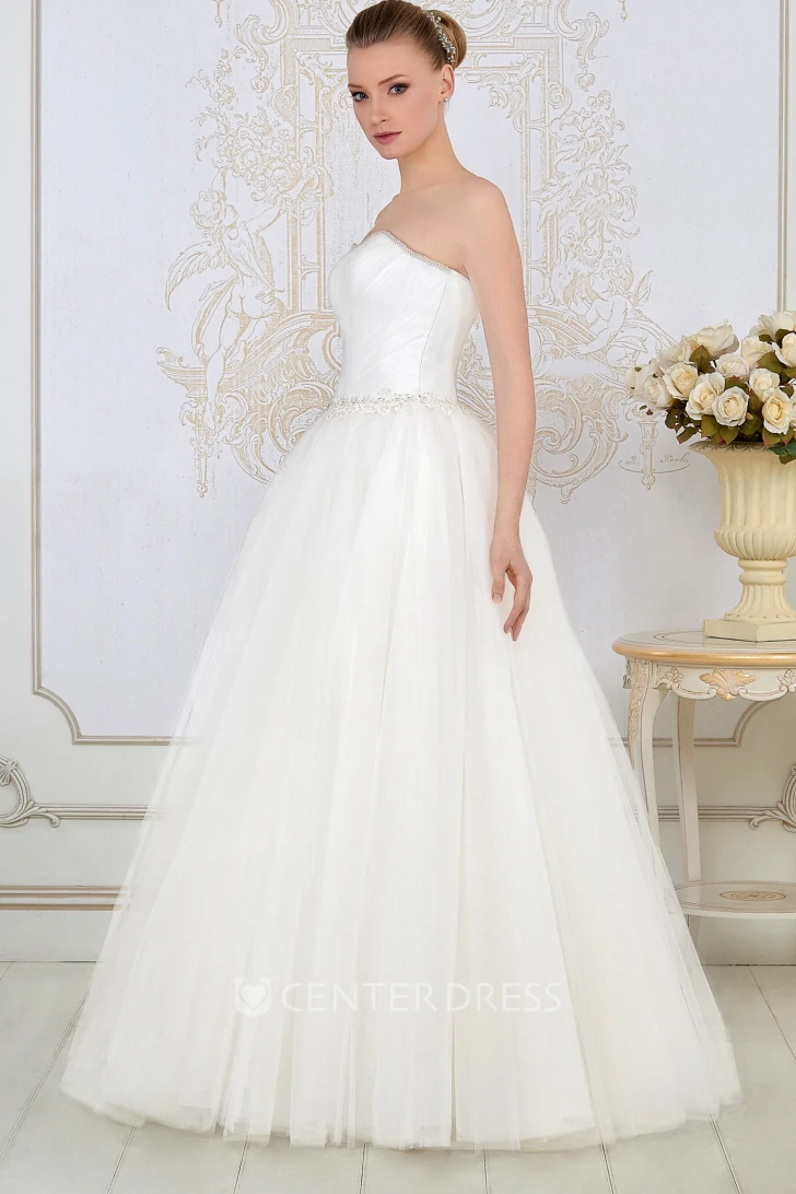 Ball Gown Ruched Floor-Length Sleeveless Sweetheart Tulle Wedding Dress With Waist Jewellery