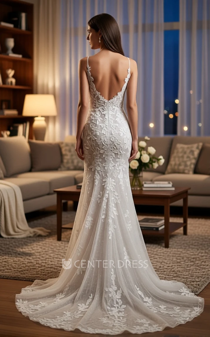 Mermaid Sleeveless Spaghetti Wedding Dress Boho Lace V-Neck Gown for Beach Weddings