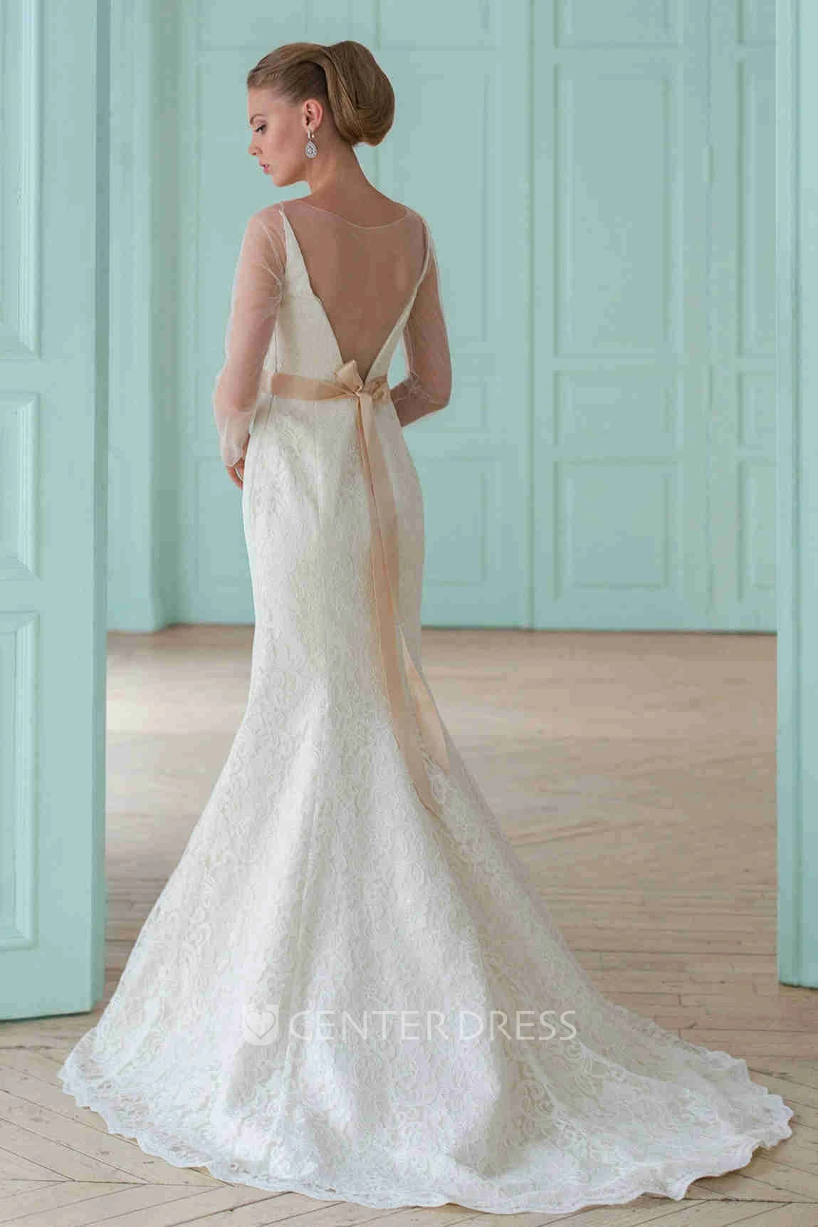 Sheath Illusion-Sleeve Floor-Length Scoop-Neck Lace Wedding Dress With Flower And Illusion