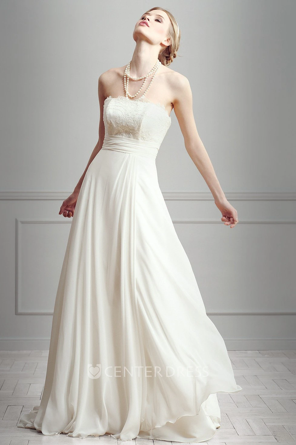 Sheath Lace Strapless Floor-Length Sleeveless Chiffon Wedding Dress