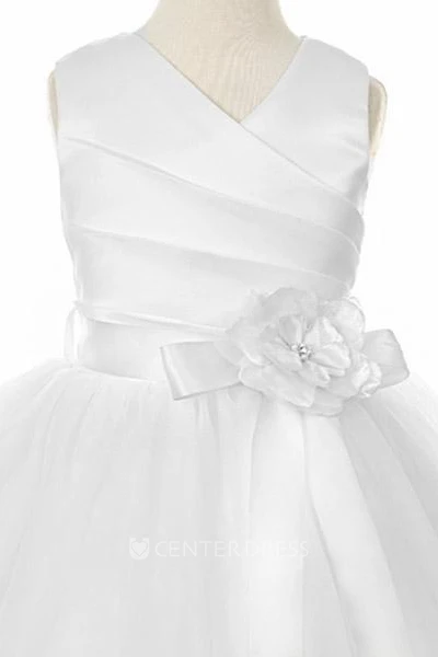 Ankle-Length V-Neck Tiered Tulle&Satin Flower Girl Dress