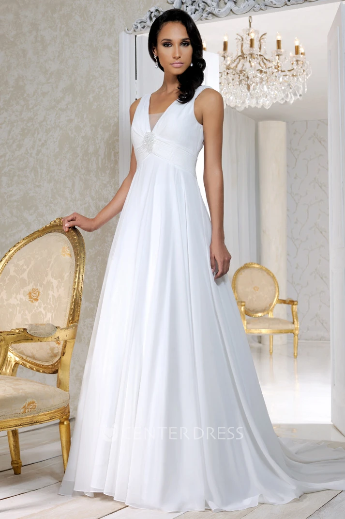 V-Neck Long Empire Pleated Chiffon Wedding Dress With Court Train And V Back