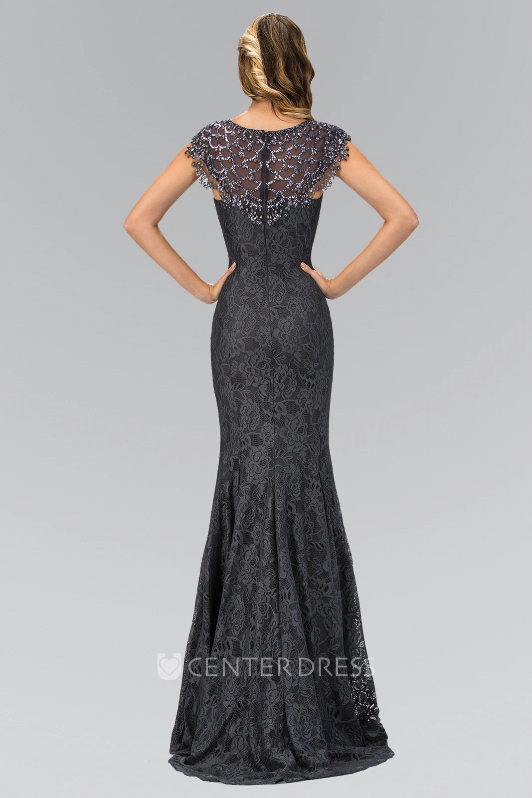 Sheath Long Scoop-Neck Cap-Sleeve Lace Zipper Dress With Bpt