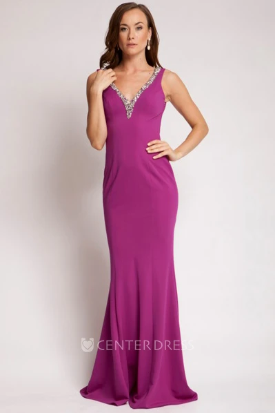 Sheath V-Neck Floor-Length Beaded Sleeveless Jersey Prom Dress