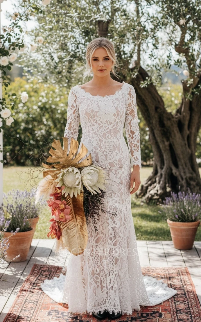Mermaid Boho Lace Wedding Dress Long Sleeves Sexy Low Back Bridal Gown