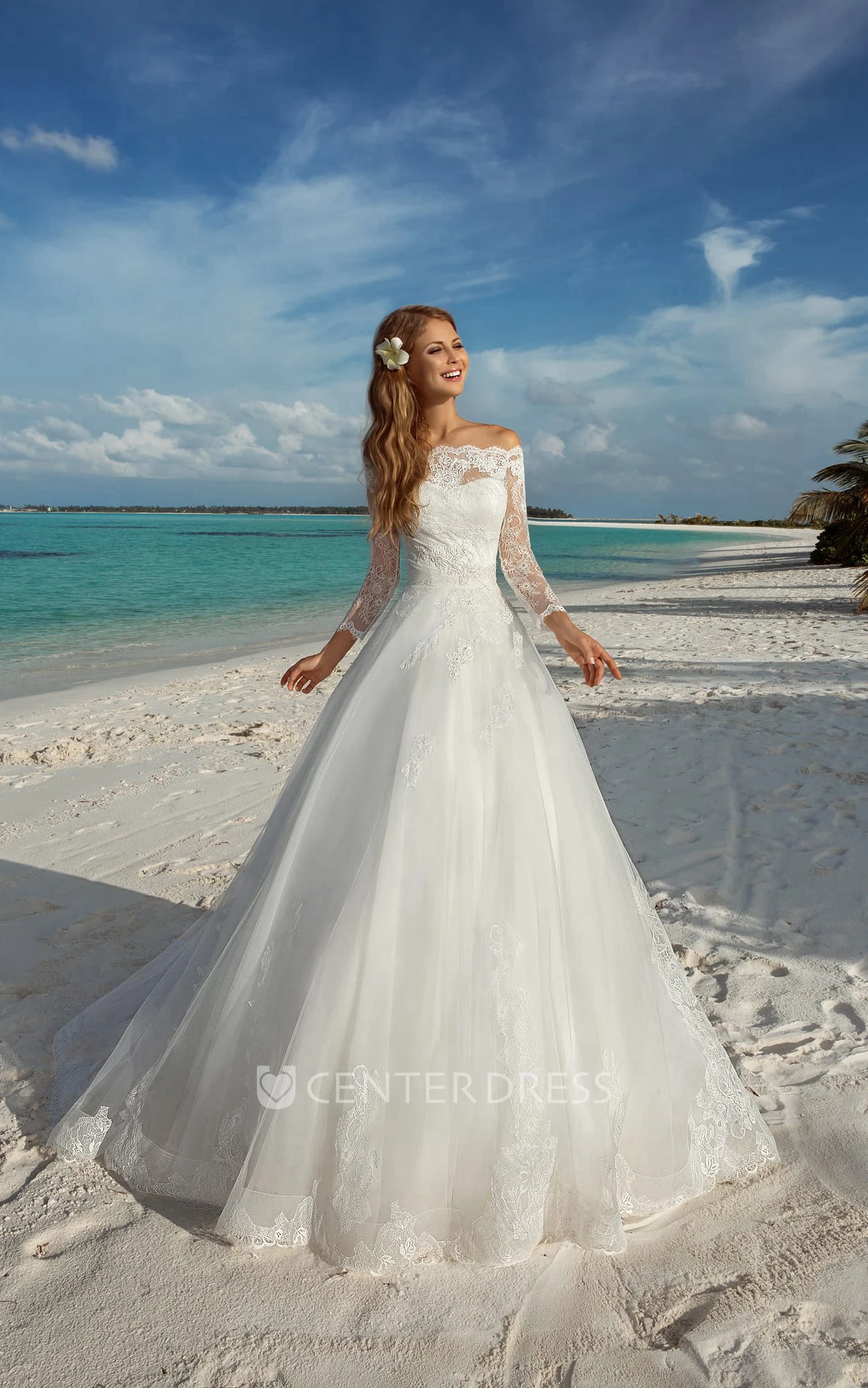 A-Line Long Off-The-Shoulder T-Shirt-Sleeve Lace-Up Organza Dress With Appliques