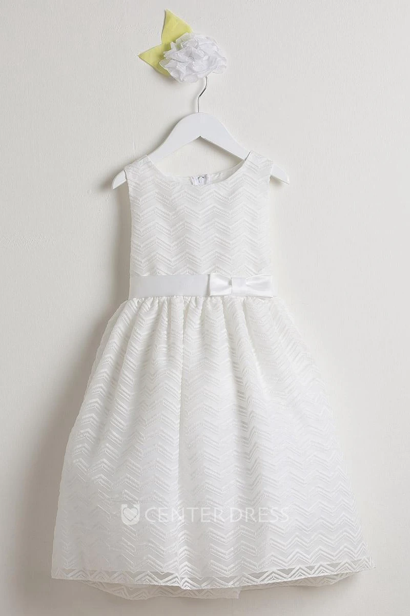Midi Bowed Organza&Satin Flower Girl Dress With Embroidery