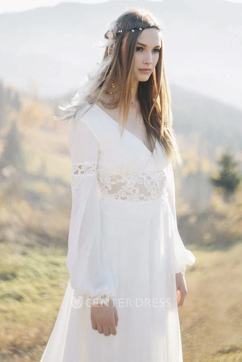 Chiffon Poet Long Sleeve And Front Split Bohemian Plunging Warm Wedding Dress With Lace Details