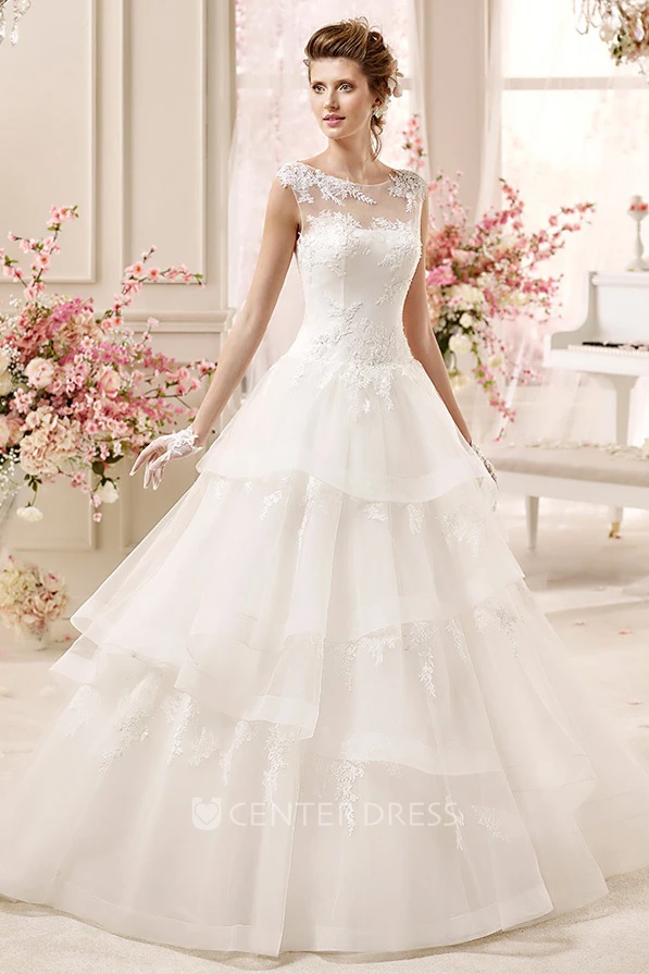 Cap sleeve A-line Wedding Dress with Tiers Skirt and Illusive Design
